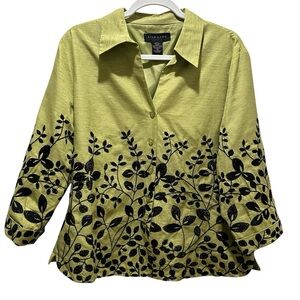 SilkLand Silk Light Green Jacket with Black Floral Embroidery 3/4 Sleeves - XL